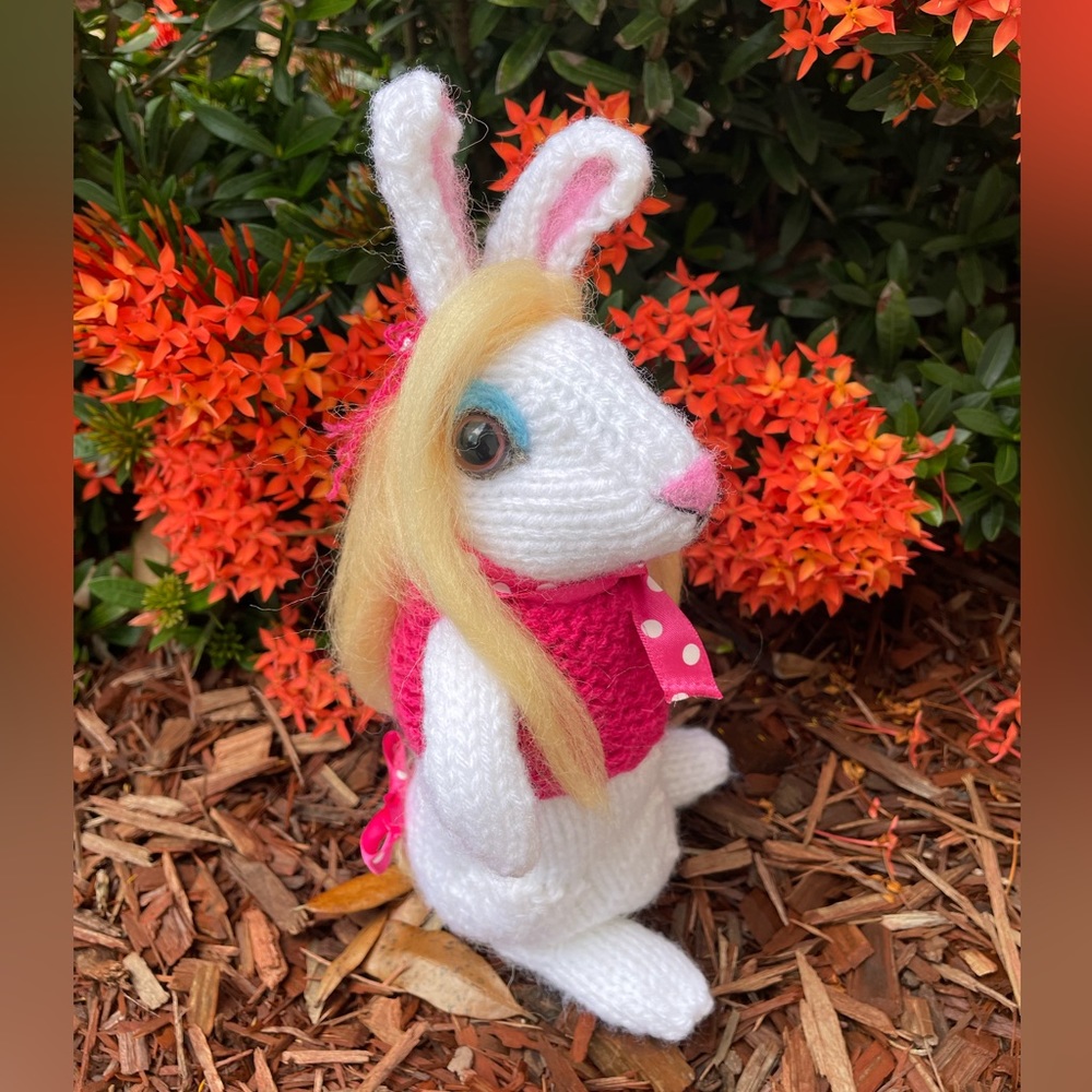 Hand crafted Barbie knit and needle felted Barbiecore bunny artisan 1 of a kind